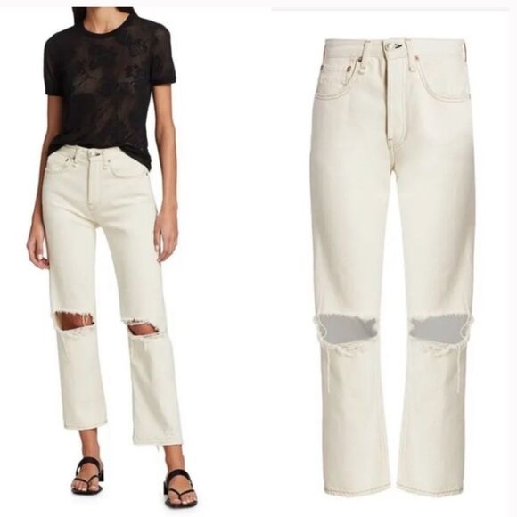 Rag & Bone Maya High-Rise Straight Jeans - Ecru with holes Distressed Size 27 - Picture 1 of 12